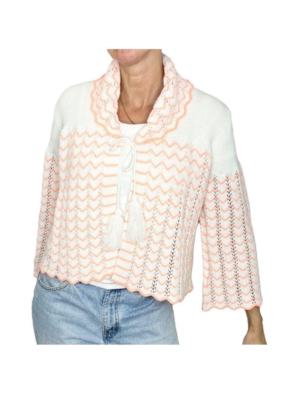 Vintage 70s hand knit crochet coral white tie front bell sleeve cardigan